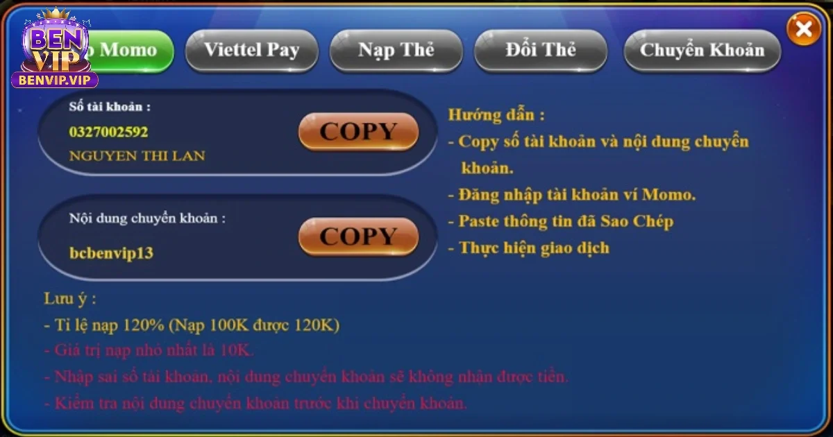 Các Hình Thức Nạp Tiền Benvip Được Yêu Thích Nhất